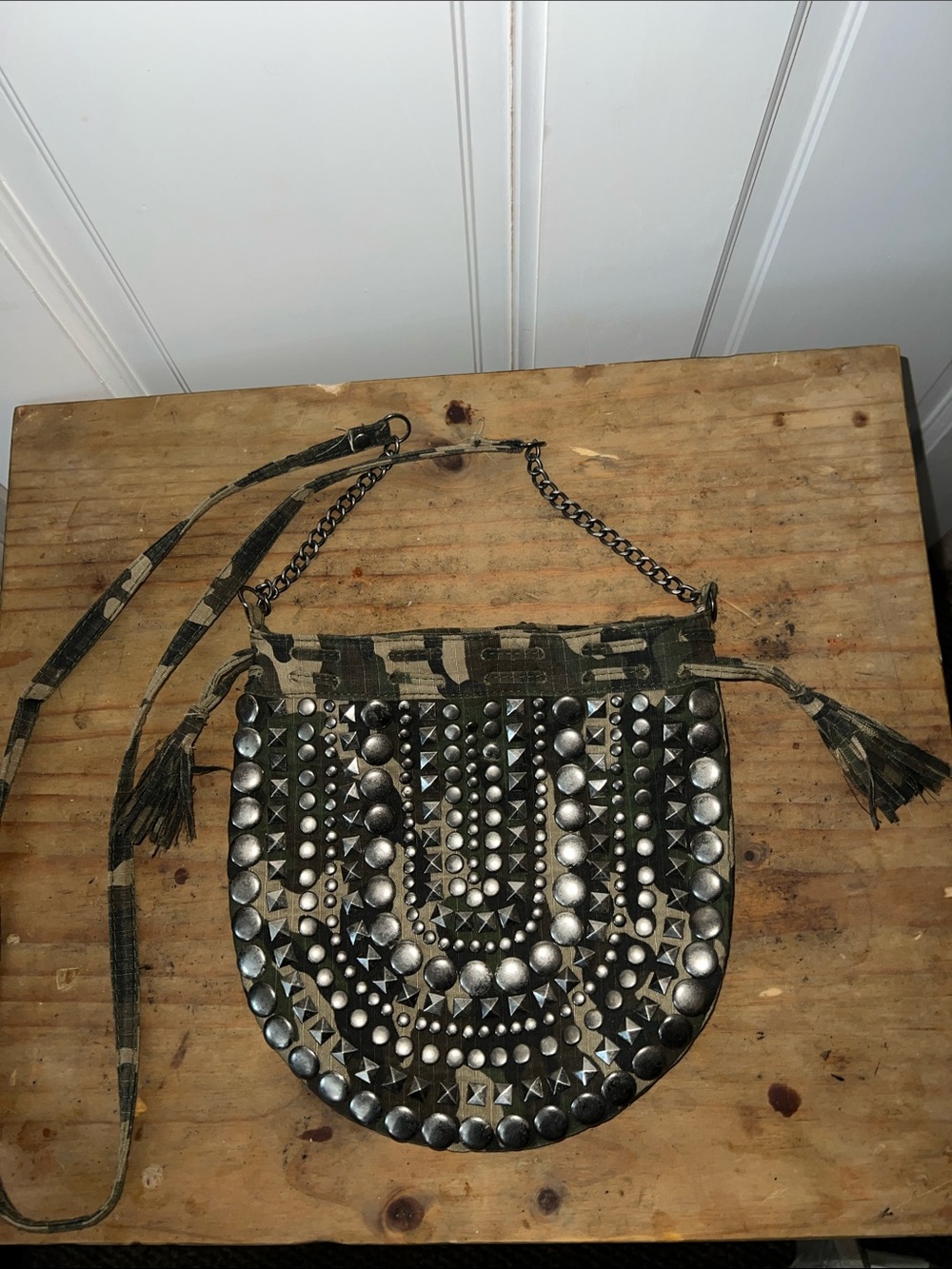 Studded Drawstring Crossbody Bag in Olive Green/Camo